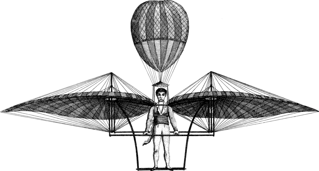 engraving of a man flying with air balloon