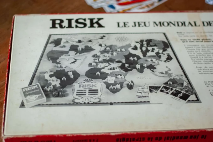 The back of a boardgame Risk on a table
