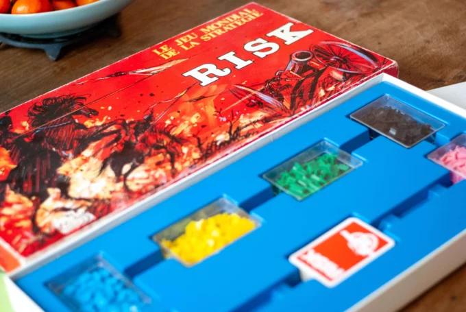 The content of a boardgame Risk on a table